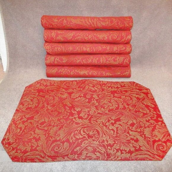 Vtg Holiday Red Placemats Gold Shimmer Paisley Set Of 6 Reversible Regency - Picture 1 of 7